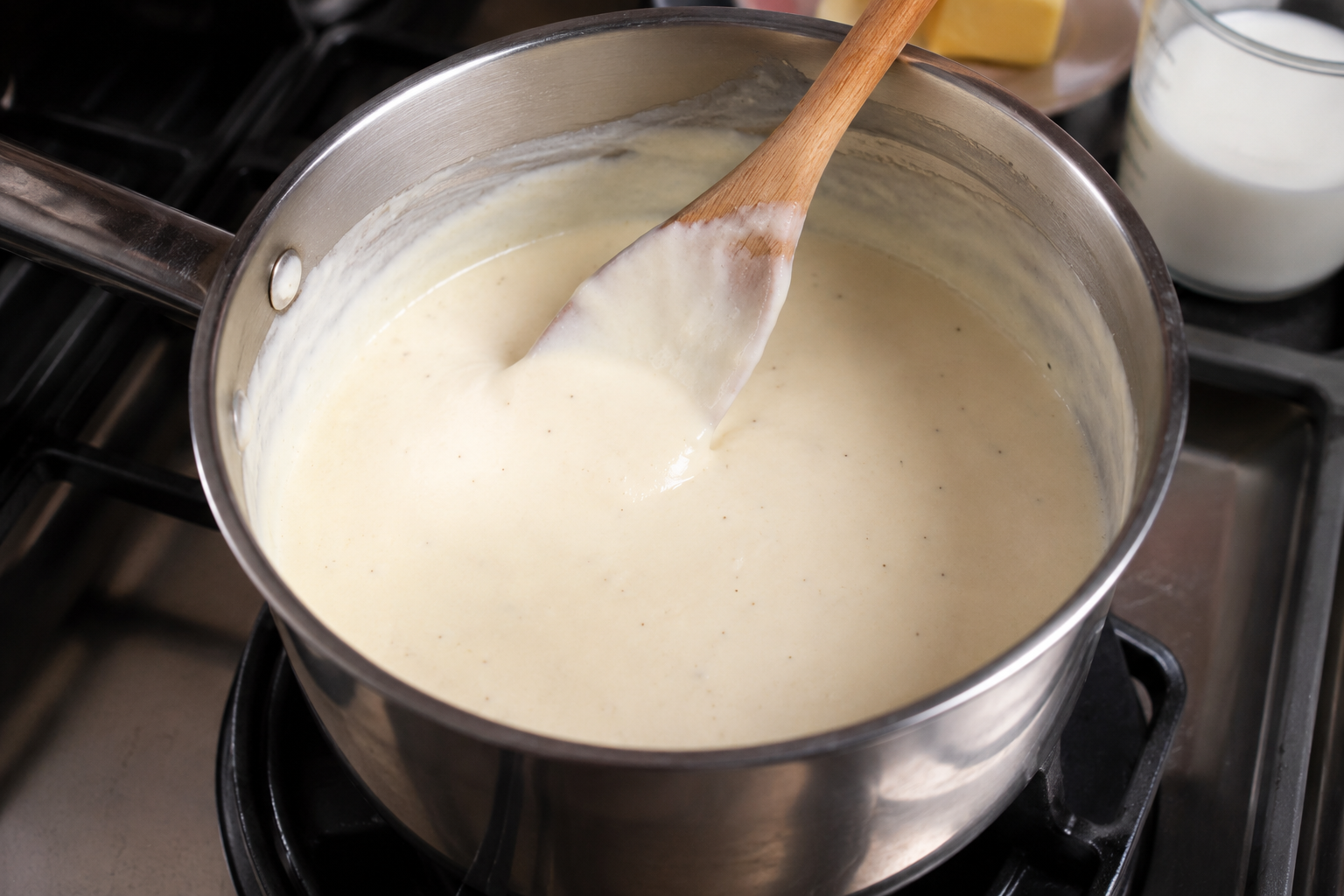 Molho béchamel cremoso sendo preparado em uma panela no fogão